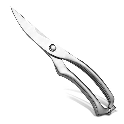 Wukusy heavy-duty stainless steel poultry shears with ultra-sharp blades and spring-loaded handles for kitchen use.