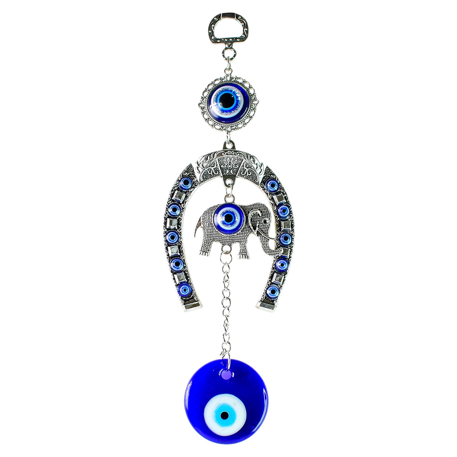 Decorative evil eye wind chime featuring elephant and horseshoe motifs, hanging ornament with colorful beads and metal elements.