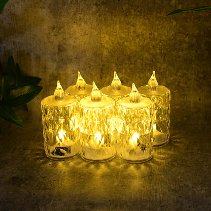 Six decorative LED crystal flameless candles in a home decor set, featuring realistic flickering light and elegant crystal designs.