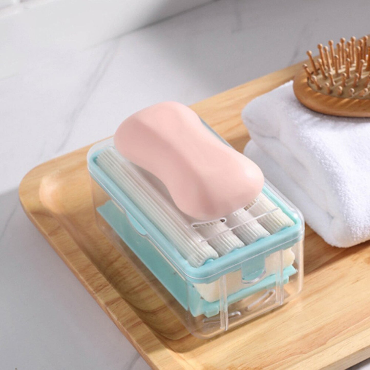 Wukusy 6296 2-in-1 portable soap dish with roller, drain holes, and foam soap holder for home, kitchen, or bathroom use
