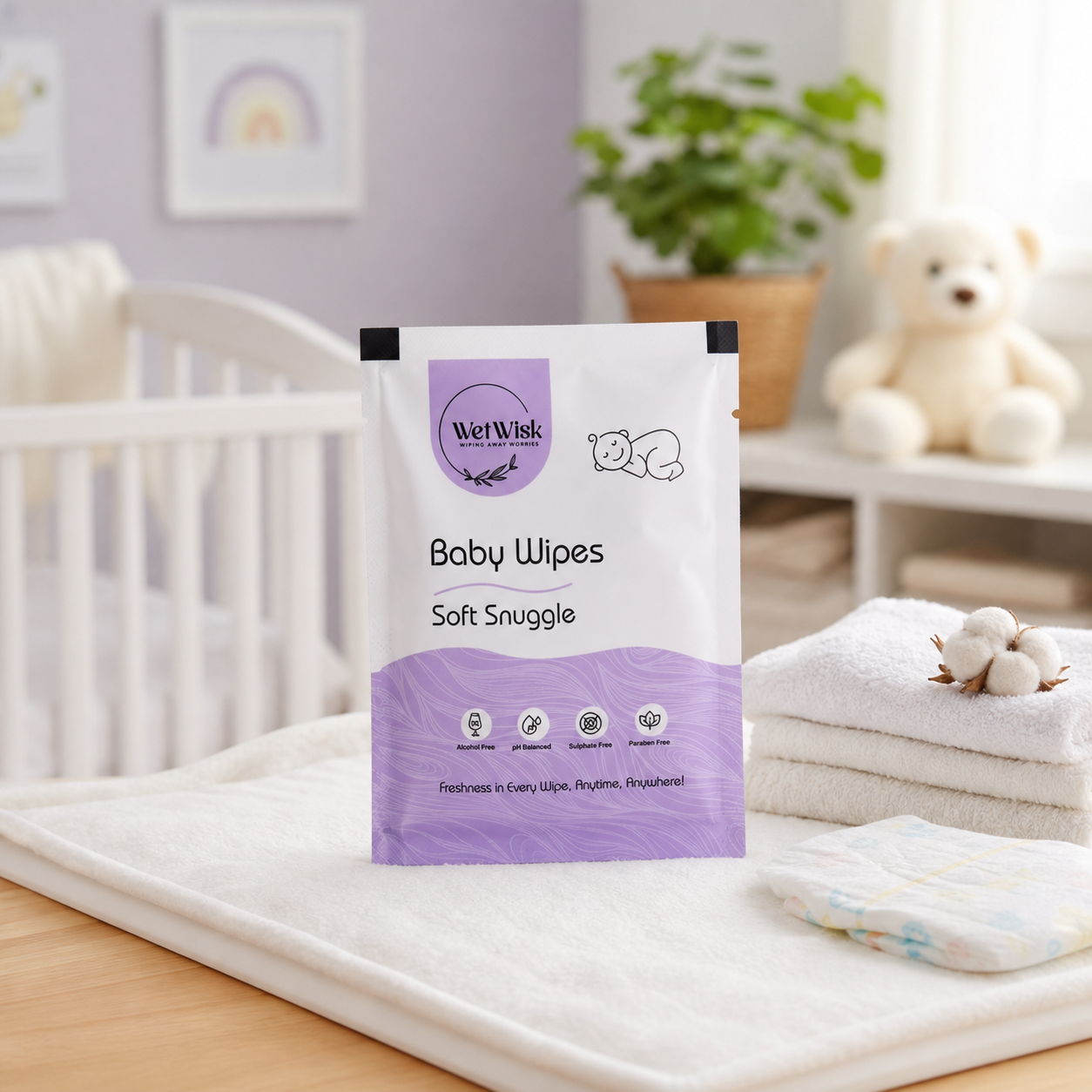 Wukusy Soft Snuggles Baby Wet Wipes packaging showing gentle cleansing wipes for babies and kids in a single pack
