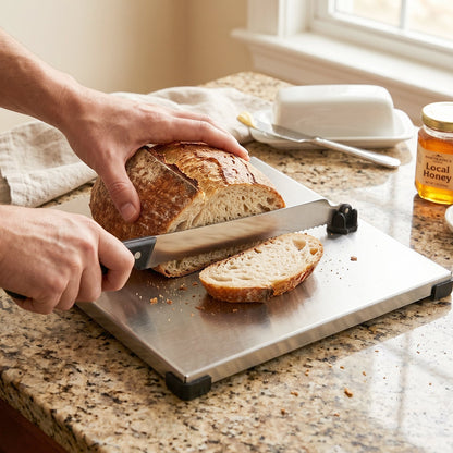 Wukusy stainless steel 2-in-1 cutting and chopping board with built-in knife, featuring a sleek, durable design and convenient storage.
