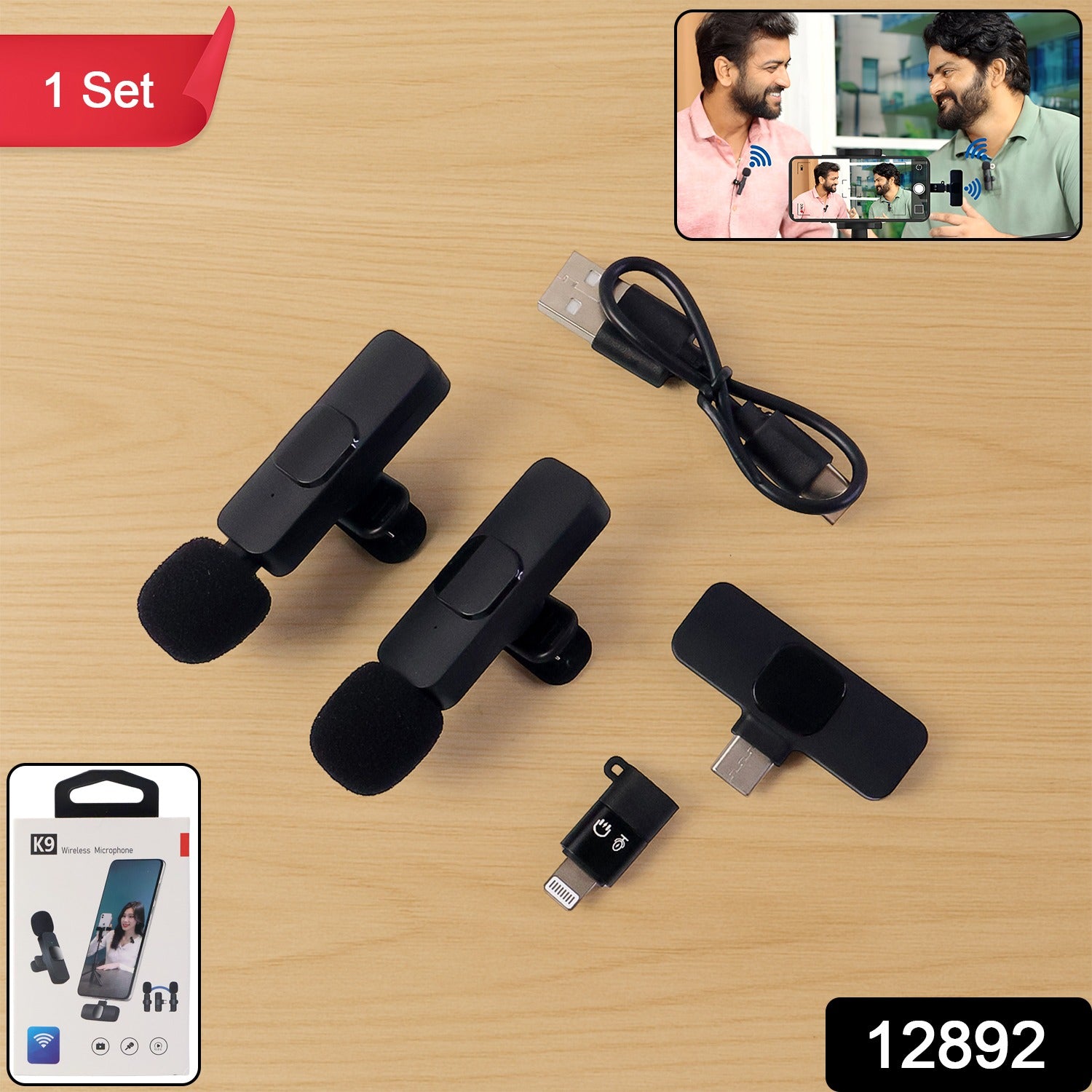 Wireless microphone set for mobile devices by Wukusy, featuring dual microphones with compact, portable design.