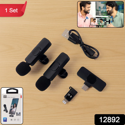 Wireless microphone set for mobile devices by Wukusy, featuring dual microphones with compact, portable design.