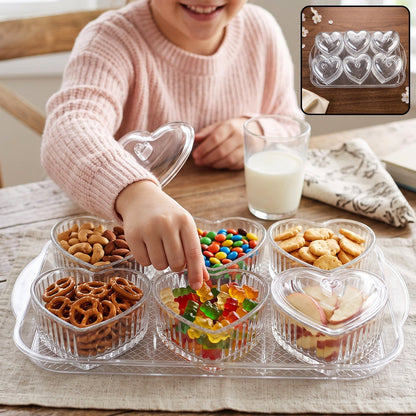Set of 6 Wukusy heart-shaped dessert bowls with matching tray and lids, perfect for serving sweets and treats.