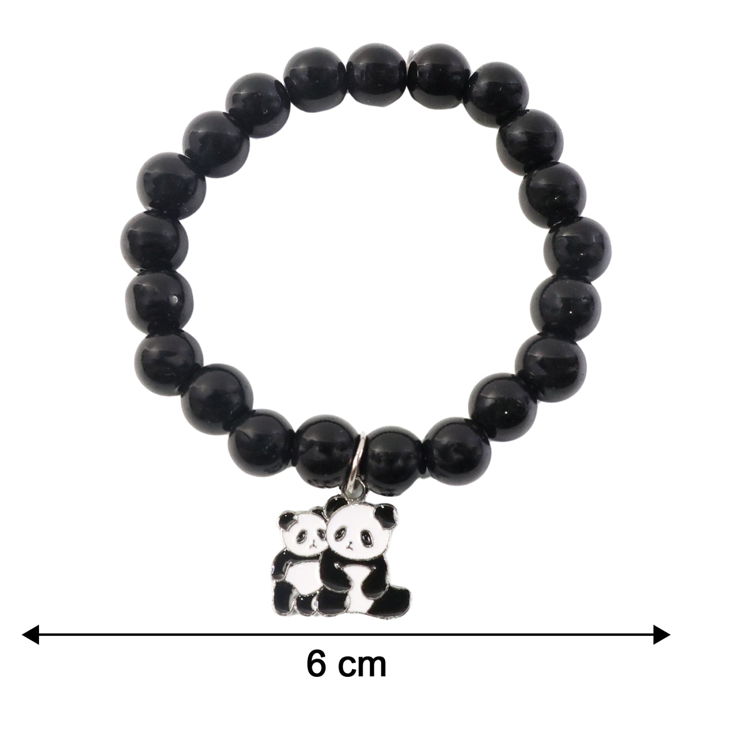 Black beaded stretch bracelet with a cute panda charm by Wukusy, showcasing the detailed panda pendant on the bracelet.
