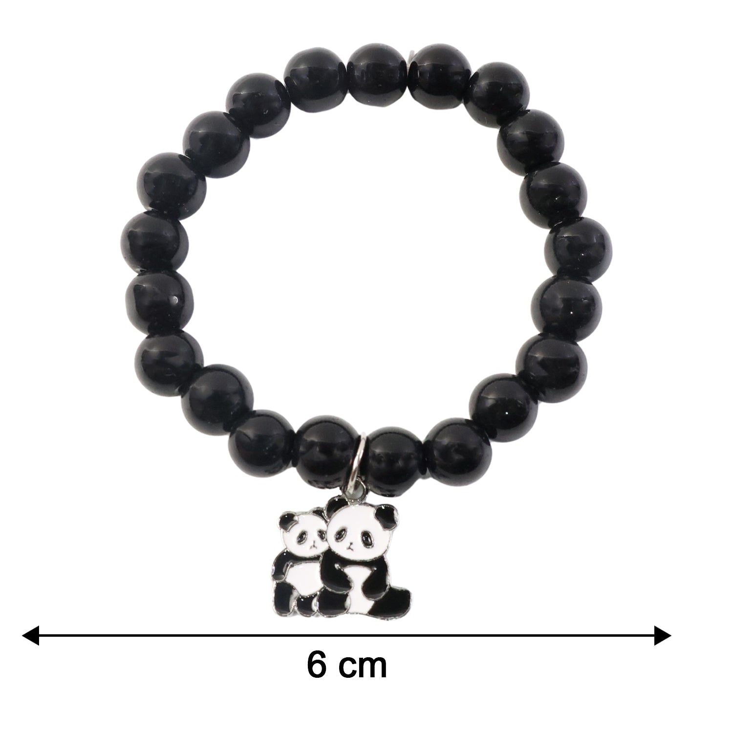 Black beaded stretch bracelet with a cute panda charm by Wukusy, showcasing the detailed panda pendant on the bracelet.
