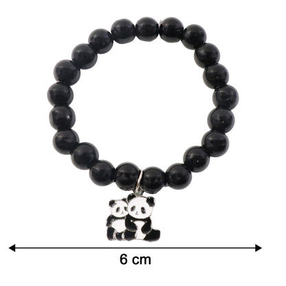 Black beaded stretch bracelet with a cute panda charm by Wukusy, showcasing the detailed panda pendant on the bracelet.