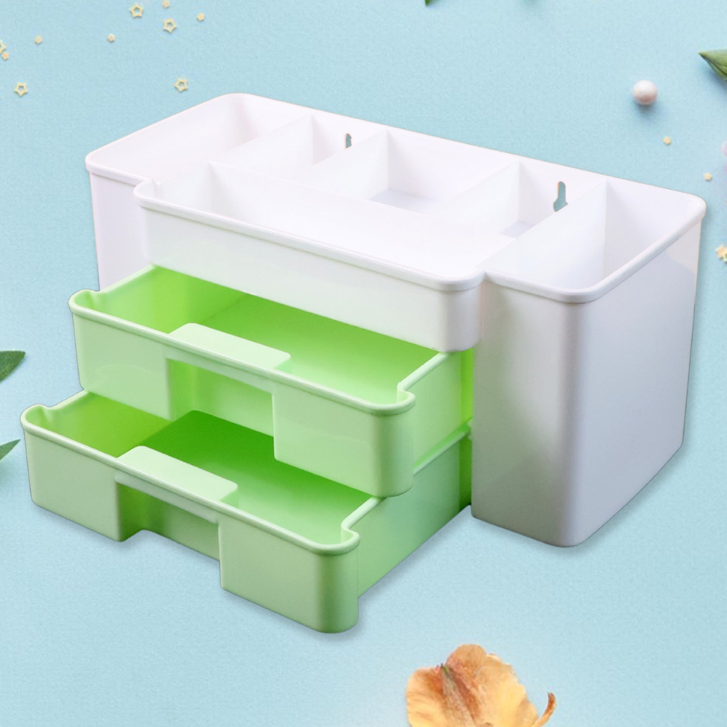 Wukusy 2-layer desktop storage organizer with compartments for office supplies, made of durable plastic, on a clean desk.