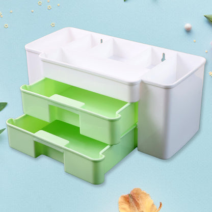 Wukusy 2-layer desktop storage organizer with compartments for office supplies, made of durable plastic, on a clean desk.
