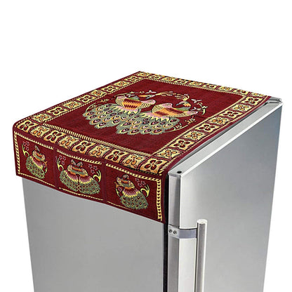 Wukusy cotton fridge top cover set with peacock design, featuring six utility side pockets on a standard 100x60cm refrigerator cover.