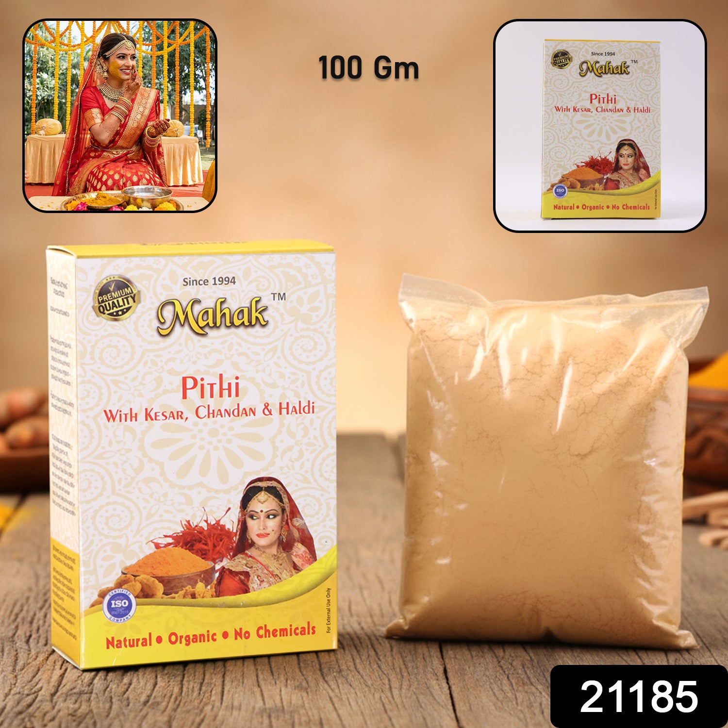Traditional Mahak Pithi for face and body in a 100g Wukusy container, showing the herbal powder with a natural texture.