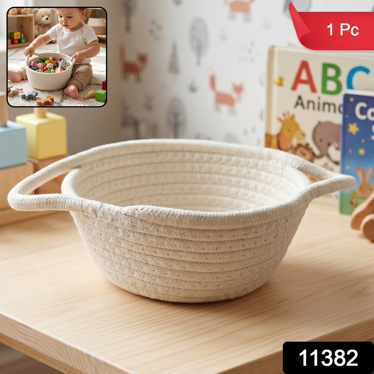 Wukusy cotton rope woven storage basket with handles, ideal for toys and organization, shown empty on a neutral background.