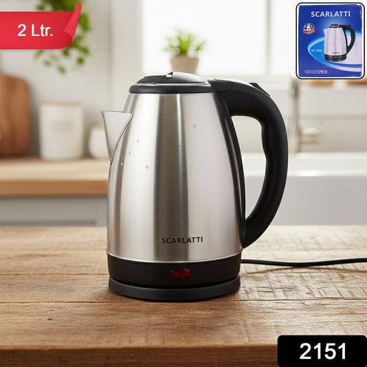 Wukusy Scarlatti stainless steel electric kettle with 2-liter capacity, featuring a sleek design and a spout for pouring.