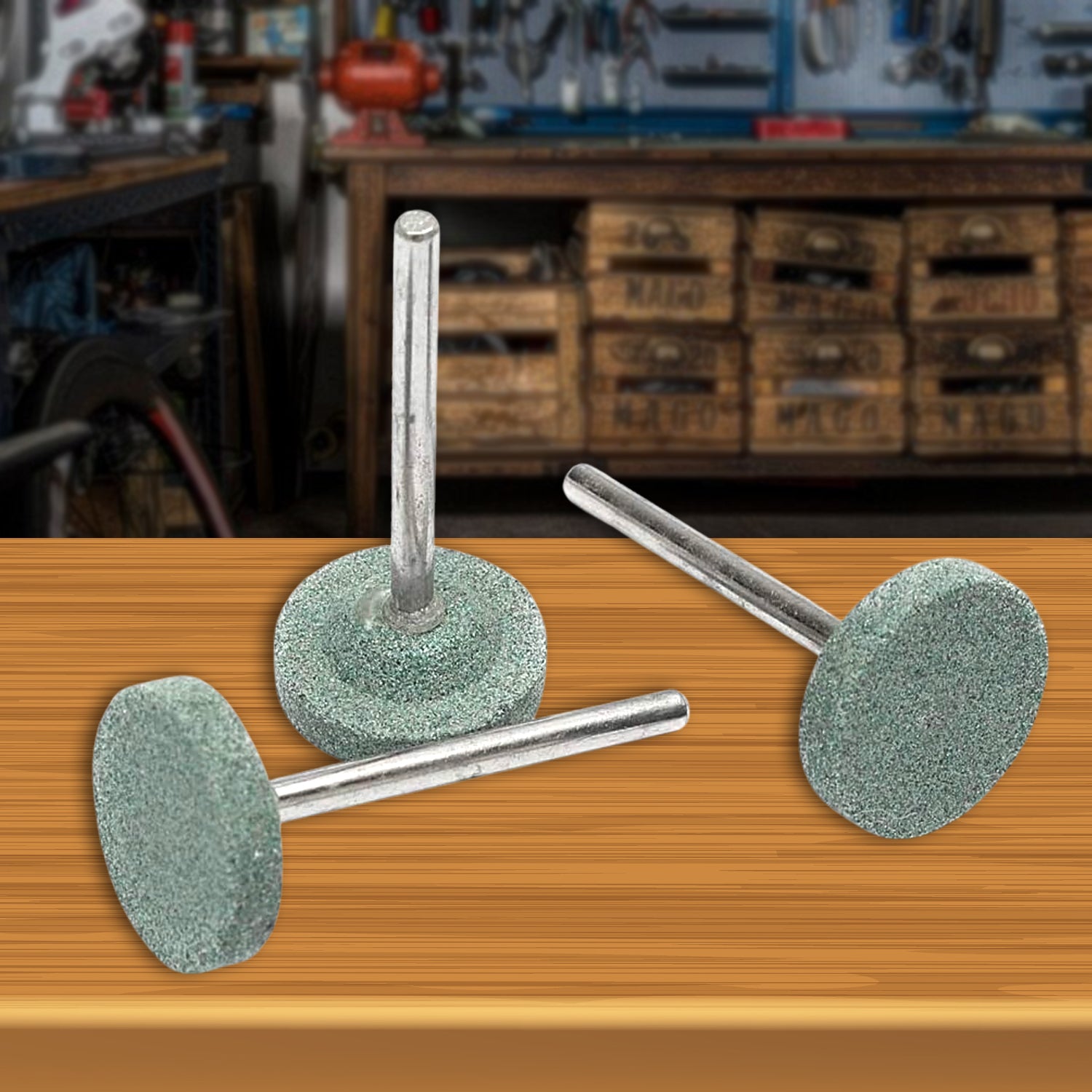 Set of three Wukusy mounted stone grinding heads for abrasive tools, ideal for home improvement and surface polishing tasks.