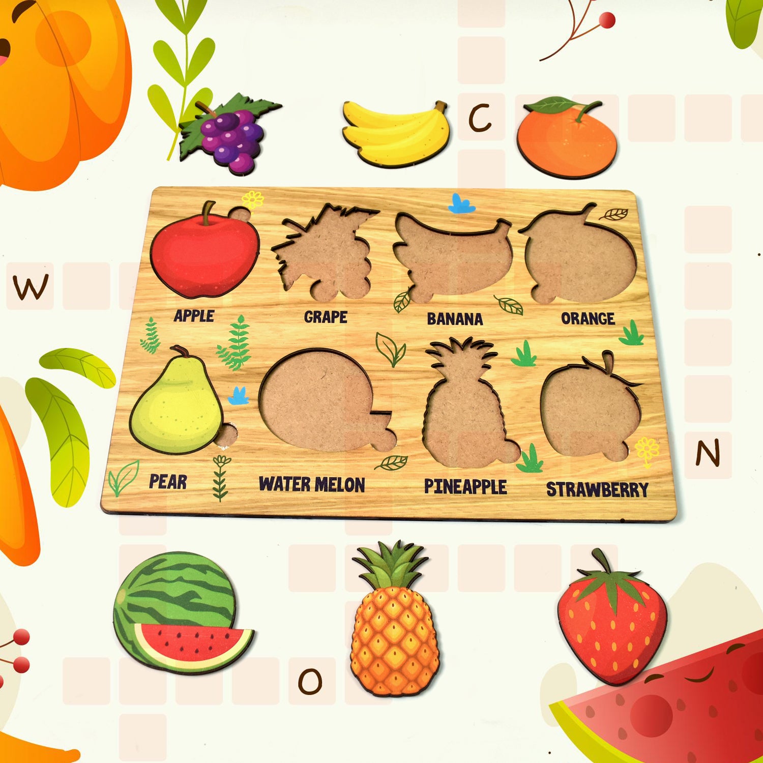 Wooden fruits puzzle learning toy from Wukusy with colorful fruit pieces on an educational wooden board.