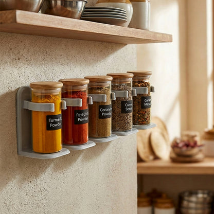 Wall-mounted Wukusy adjustable spice rack organizer with multiple shelves and hooks for kitchen storage.