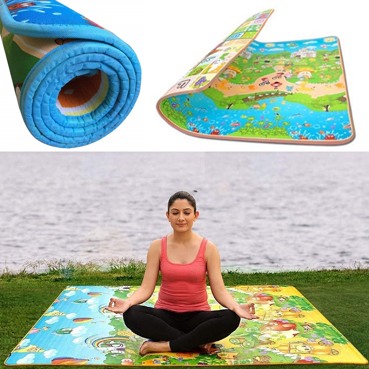 Wukusy waterproof double-sided baby play floor mat for kids, 120x180cm, with carrying bag, soft and safe for home play areas.