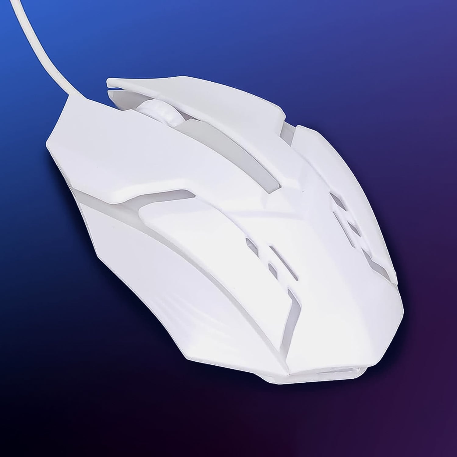 Wukusy USB wired gaming mouse with colorful luminous lighting in white, showing ergonomic design and illuminated scroll wheel.