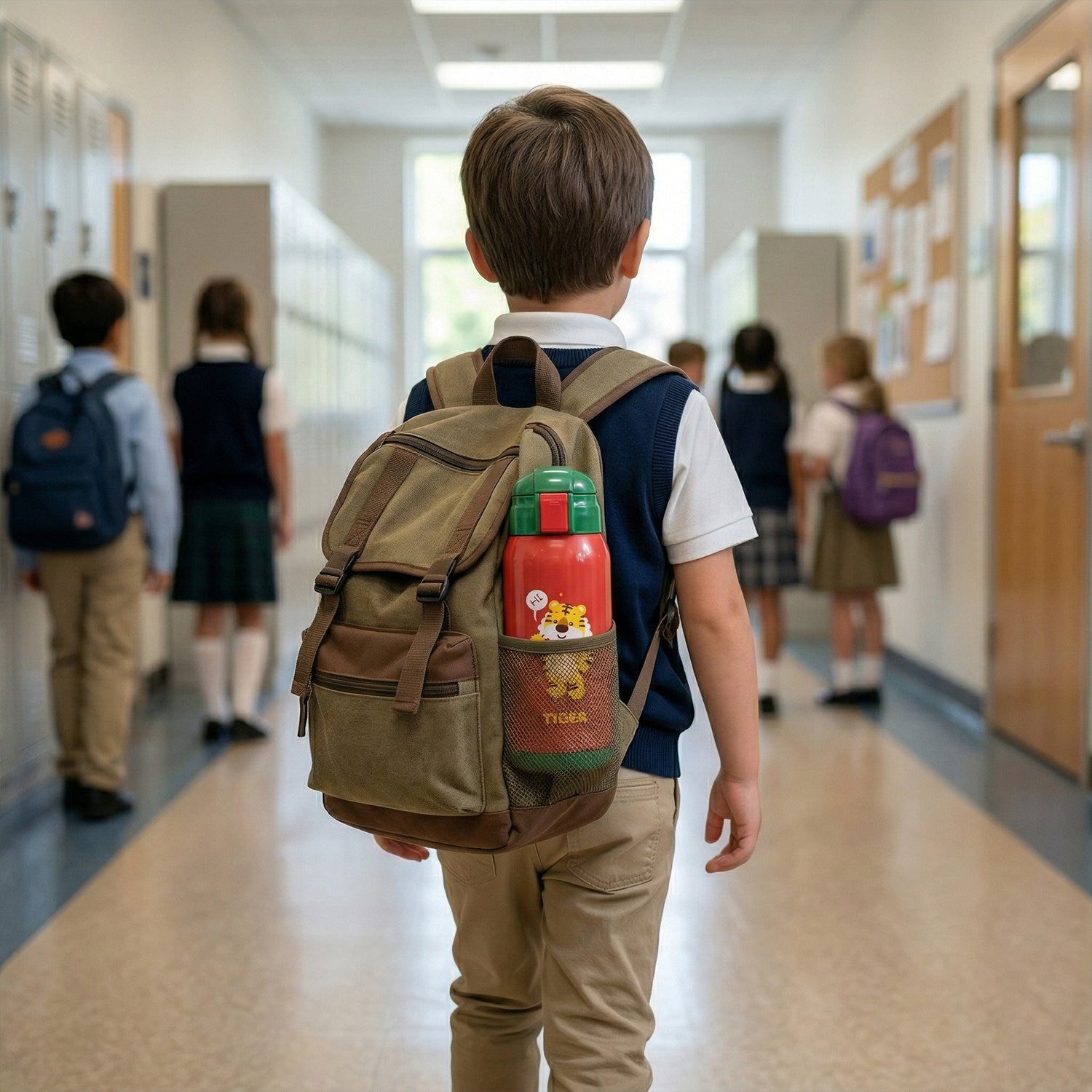 Wukusy 550ml kids cartoon printed water bottle with straw and carry sling bag, colorful design and playful characters.