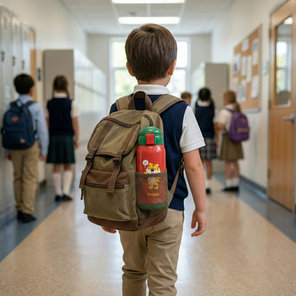 Wukusy 550ml kids cartoon printed water bottle with straw and carry sling bag, colorful design and playful characters.