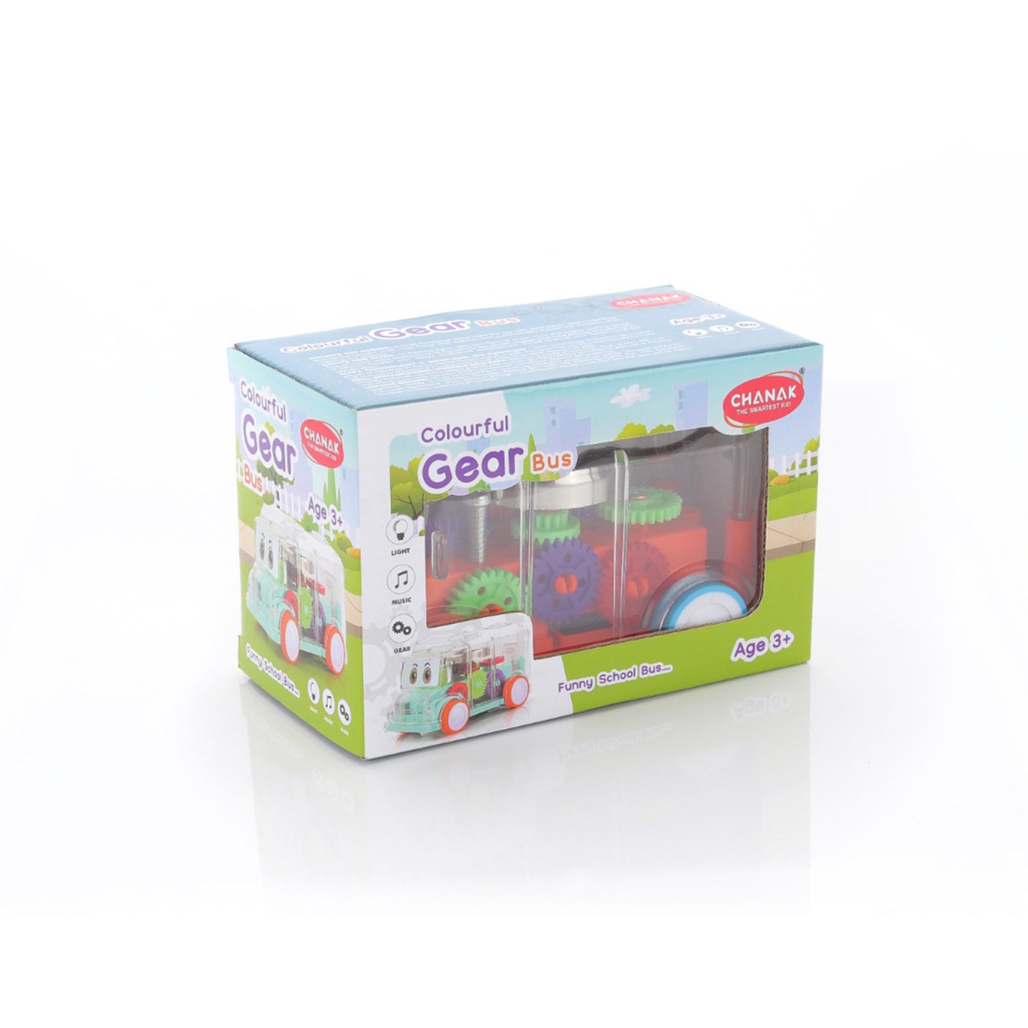 Transparent Wukusy 1996 musical mini school bus toy for kids, showing detailed windows and colorful interior design.