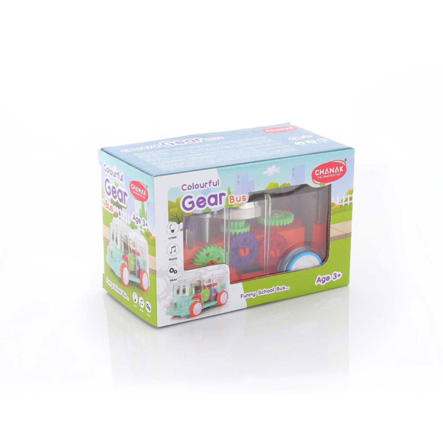 Transparent Wukusy 1996 musical mini school bus toy for kids, showing detailed windows and colorful interior design.