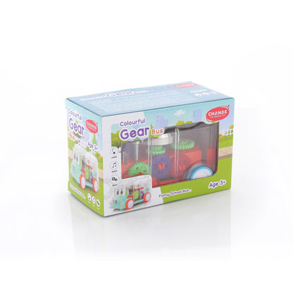 Transparent Wukusy 1996 musical mini school bus toy for kids, showing detailed windows and colorful interior design.