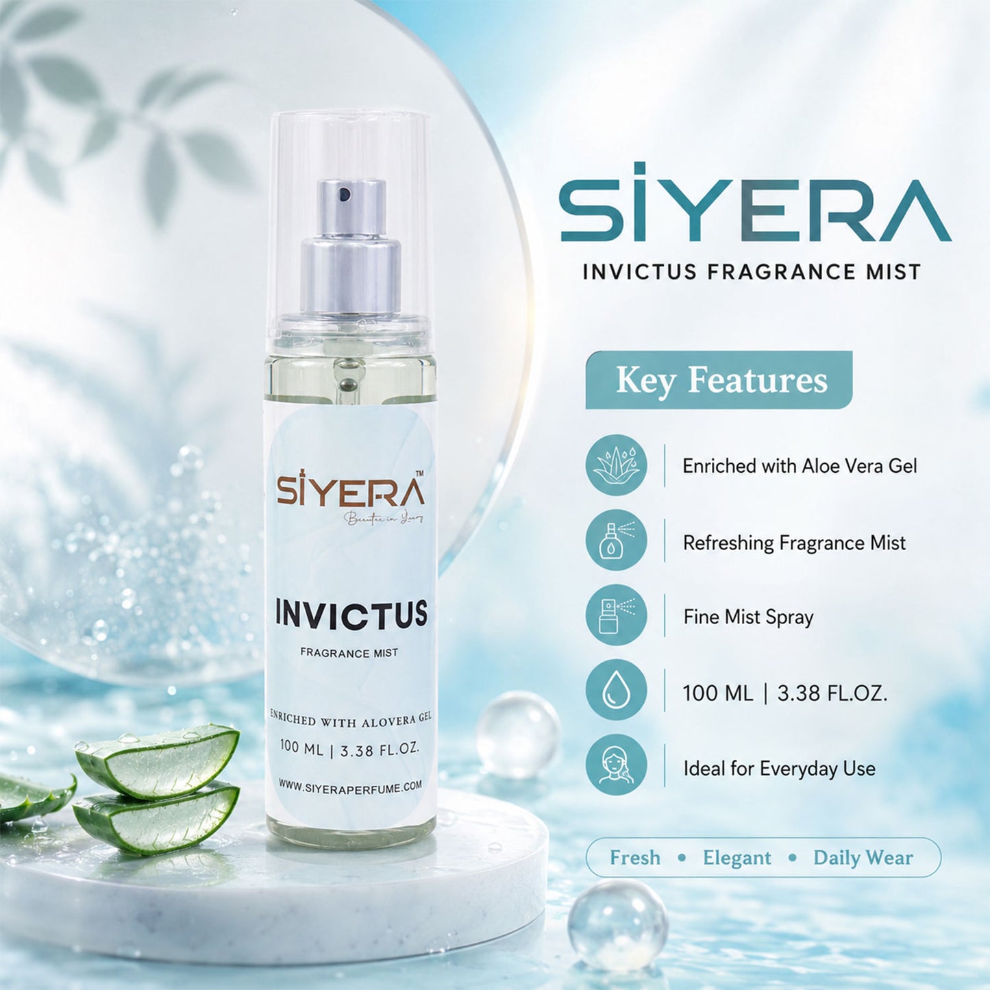 Wukusy Siyera Invictus fragrance mist body spray with aloe vera gel in 100ml bottle, featuring a sleek design and refreshing scent.