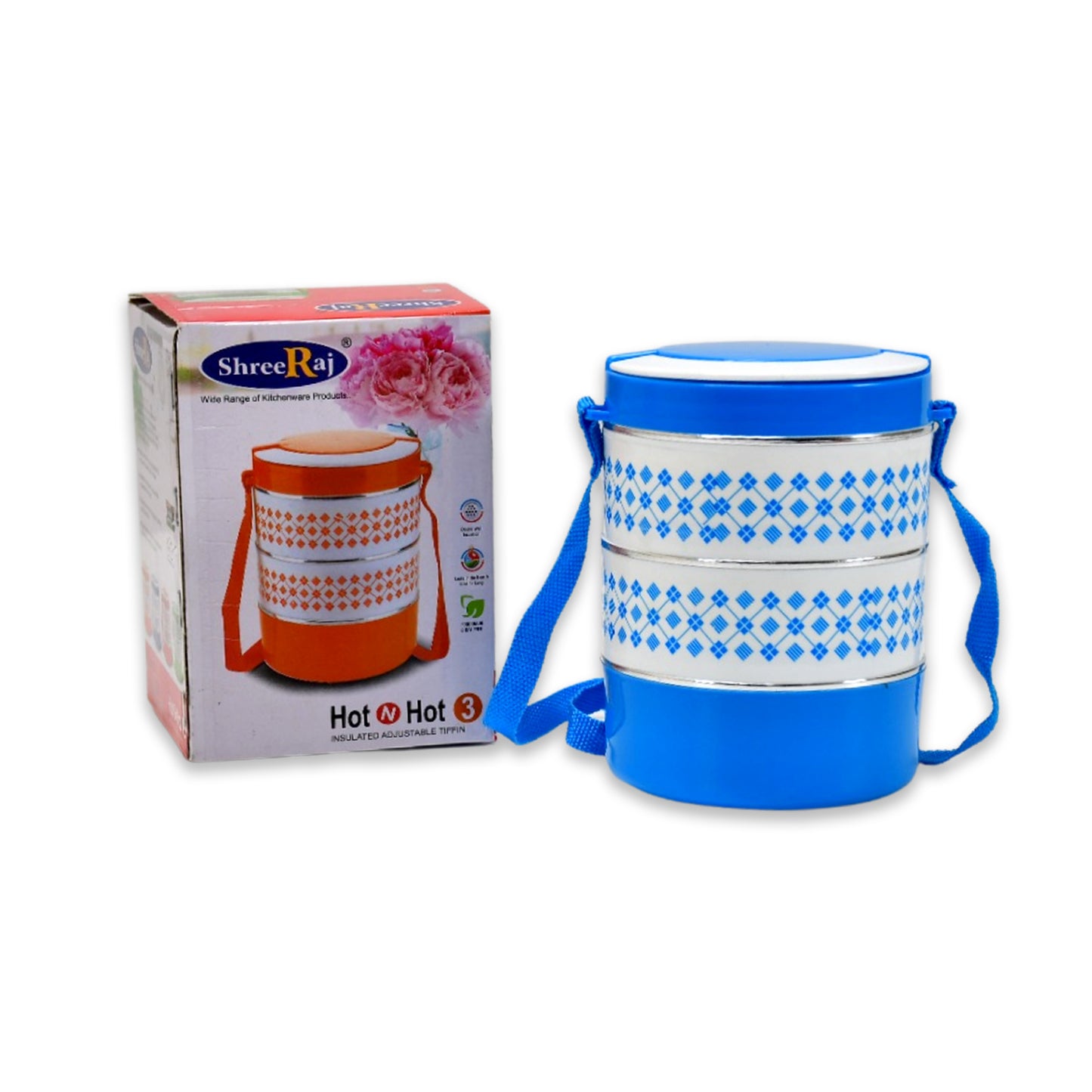 Blue Wukusy 3-layer insulated tiffin lunch box with three containers, adjustable and suitable for carrying meals.