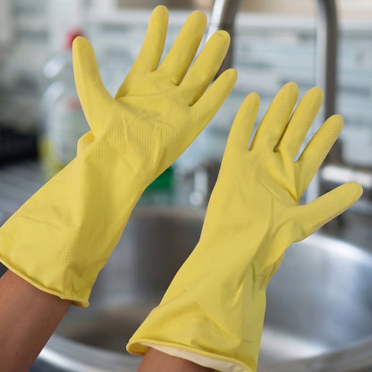 Pair of medium Wukusy Victor yellow rubber cleaning gloves for dishwashing, reusable kitchen gloves with textured palms