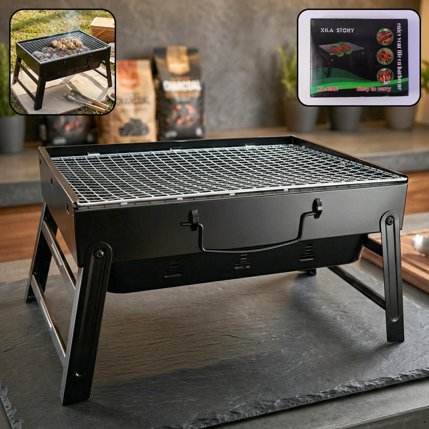 Wukusy portable foldable charcoal BBQ grill with 36x27 cm grilling mesh, compact design for outdoor cooking and grilling.