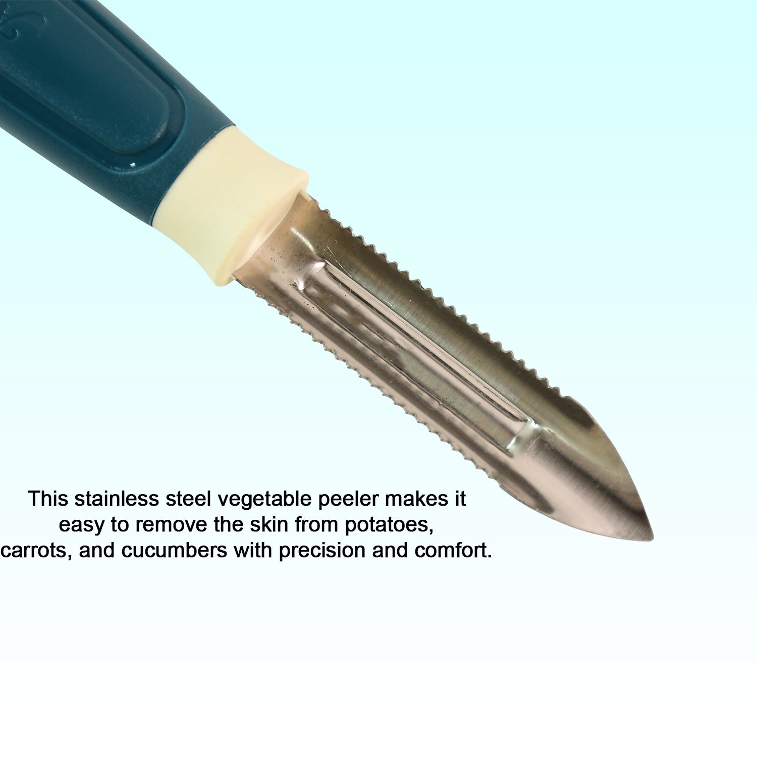 Wukusy Apex stainless steel potato peeler with ergonomic handle and sharp blade for efficient peeling of potatoes.