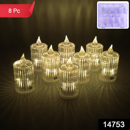 Eight Wukusy crystal effect LED flameless candle lights for home decor, with realistic flickering glow and elegant design.