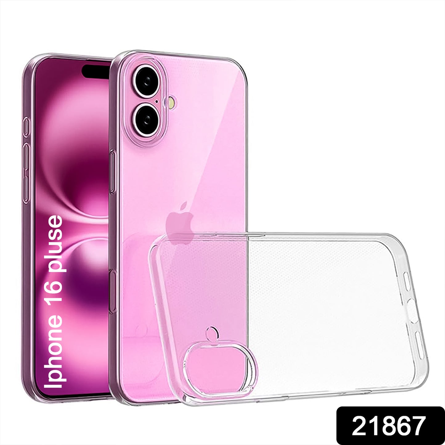 Clear hard case for iPhone 16 Plus by Wukusy, showing the transparent protective cover fitted on the device.