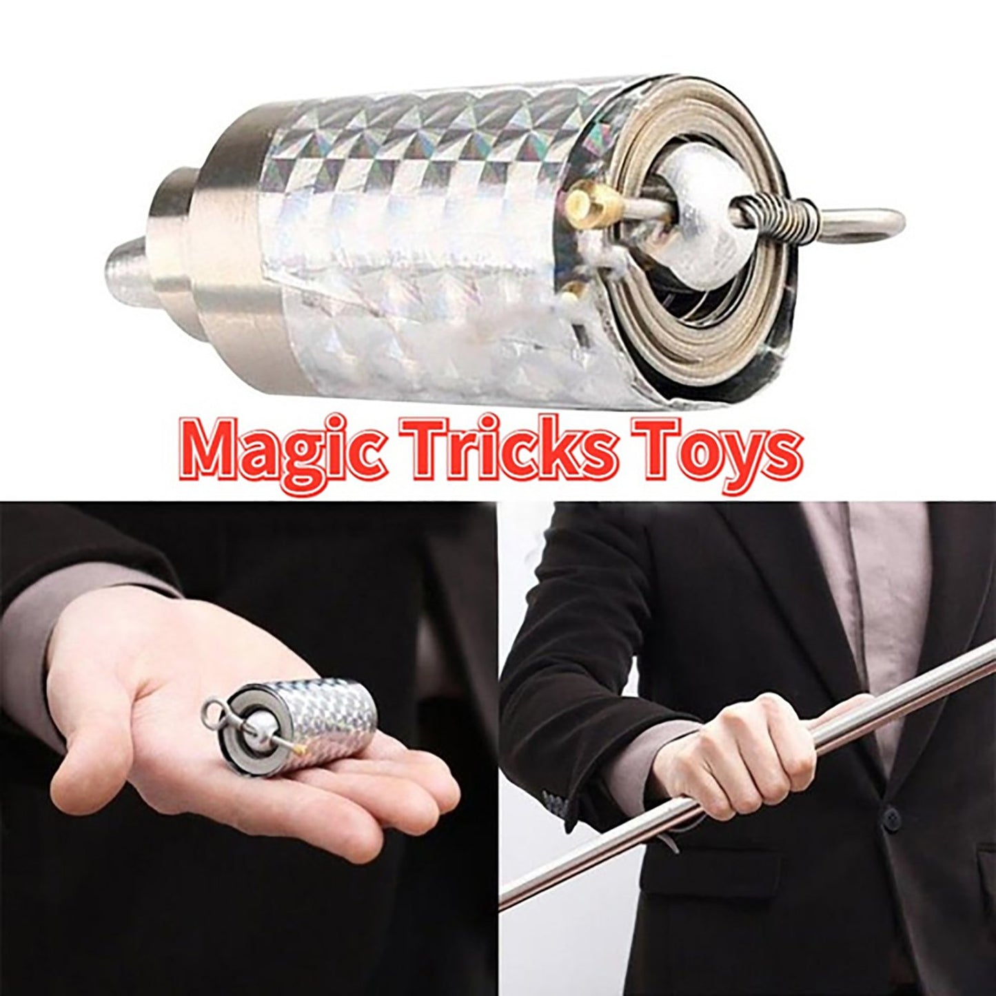 Wukusy 1697 Magic Toy Steel Appearing Cane with high elasticity and silver finish, designed for performing magic tricks and illusions.