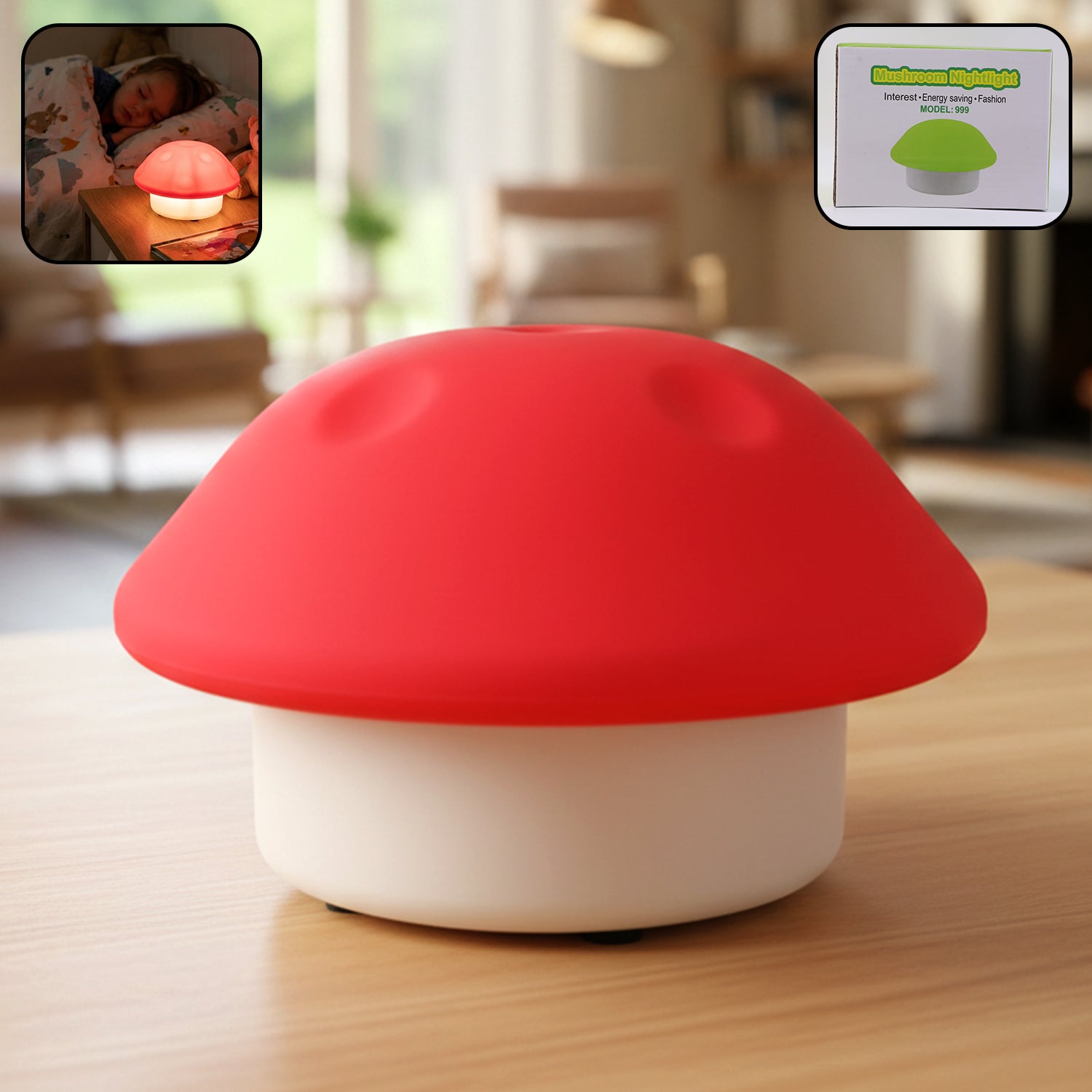 Wukusy mushroom-shaped LED night light with colorful glow, perfect for cozy bedroom or nursery decor.