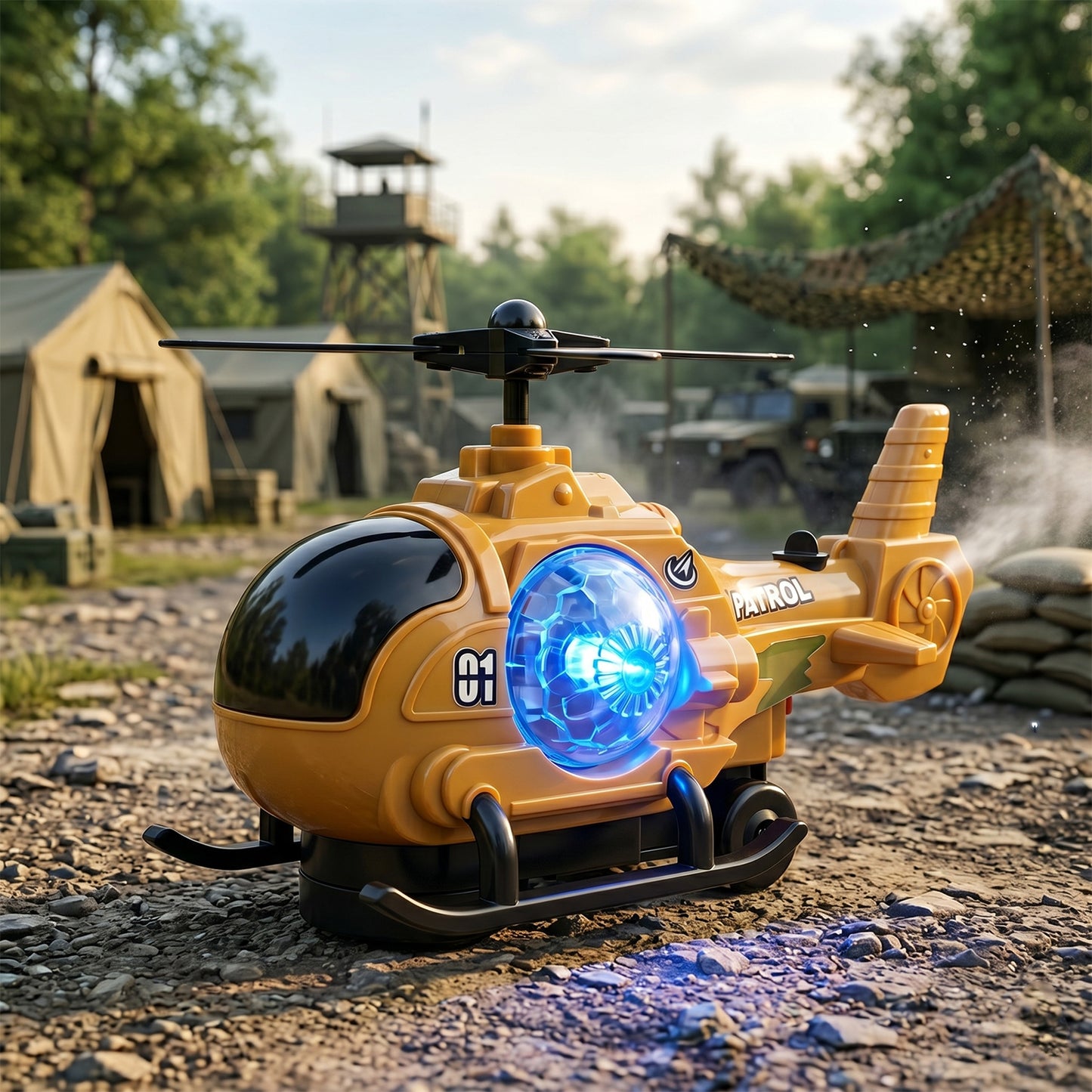 Wukusy military spray helicopter toy for kids with lights, music, and mist features, designed for bump-and-go play.