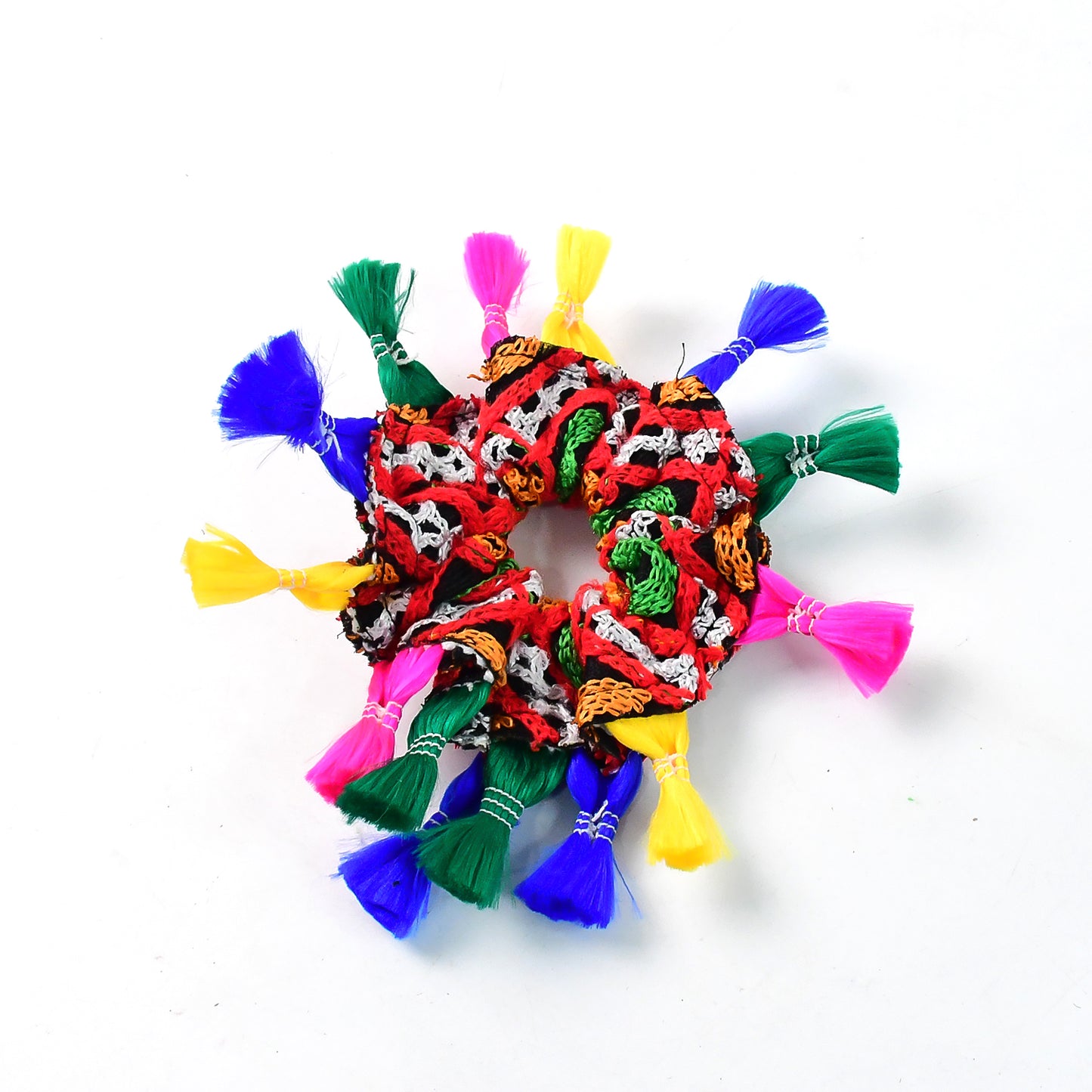 Multicolor Navratri hair bun accessory by Wukusy for traditional festive hairstyles, featuring vibrant multicolor strands.