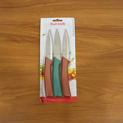 Set of three Wukusy kitchen fruit and vegetable cutting knives with ergonomic handles and sharp blades for versatile food prep.