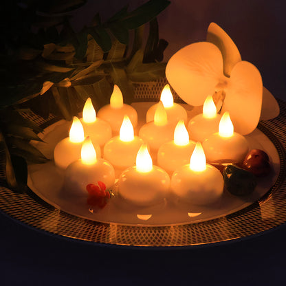 Set of 12 LED floating smokeless candles from Wukusy for home decor, featuring warm light and realistic flickering effect.