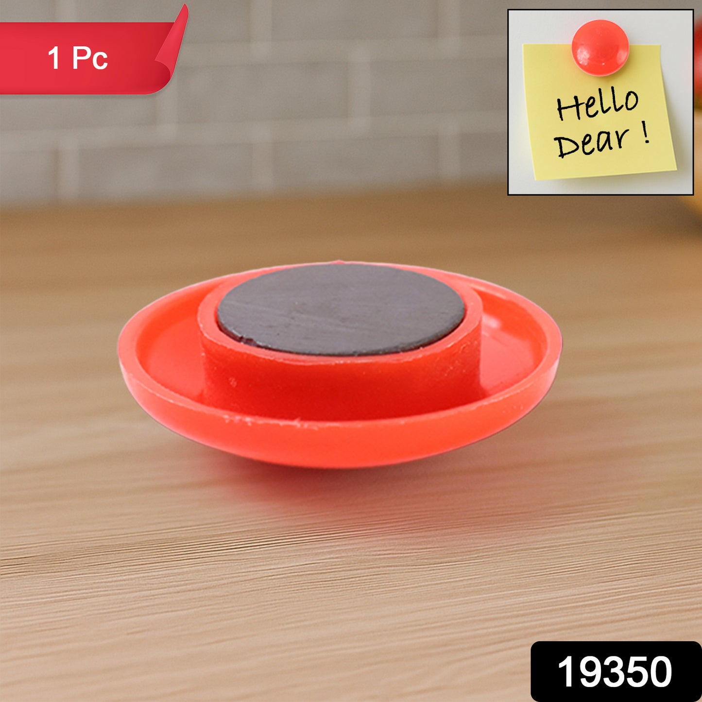 Red circular plastic board magnet with Wukusy branding, shown with a close-up view of the textured surface and magnetic backing.