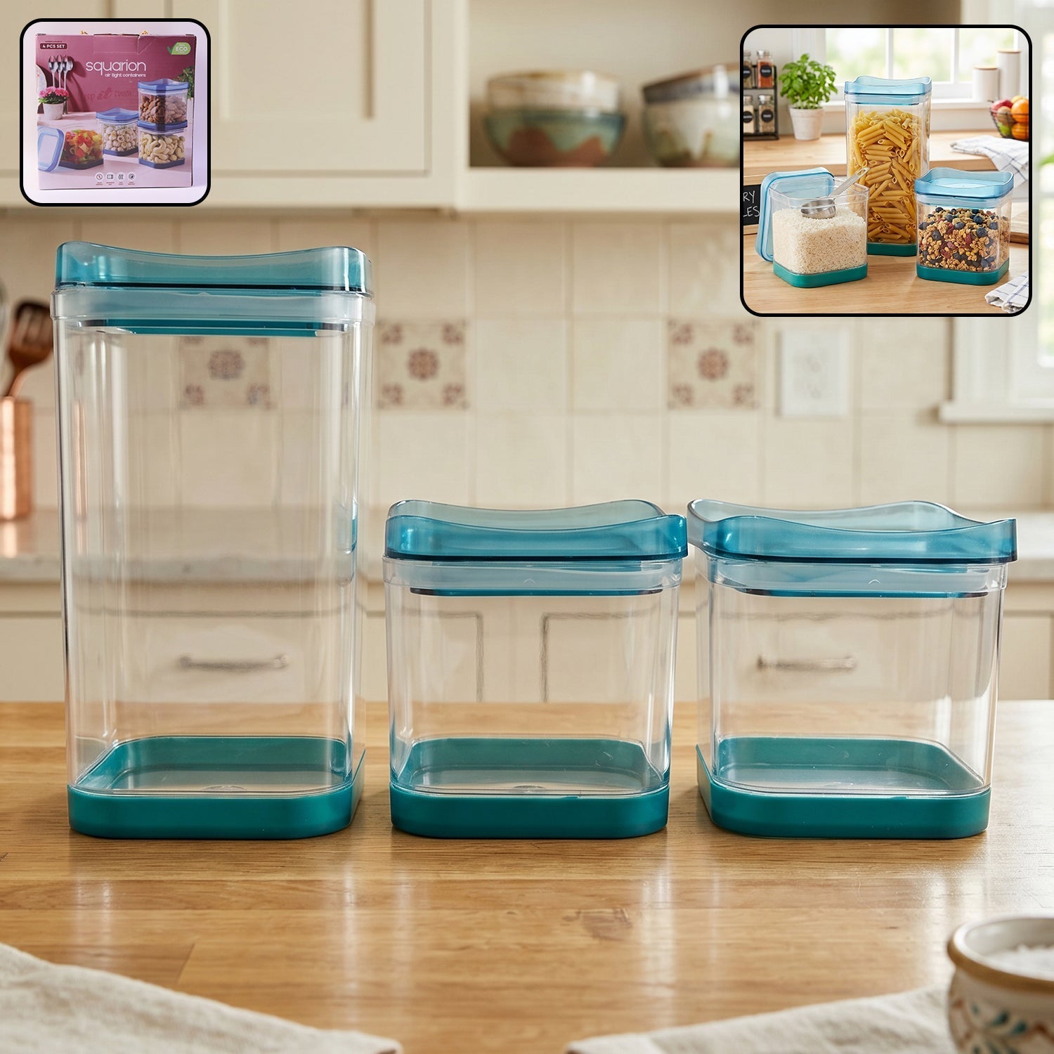 Wukusy Squarion airtight plastic storage containers set for kitchen and groceries, 4-piece with secure lids and clear design