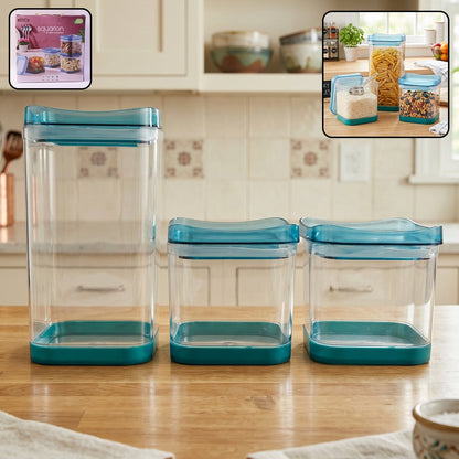 Wukusy Squarion airtight plastic storage containers set for kitchen and groceries, 4-piece with secure lids and clear design