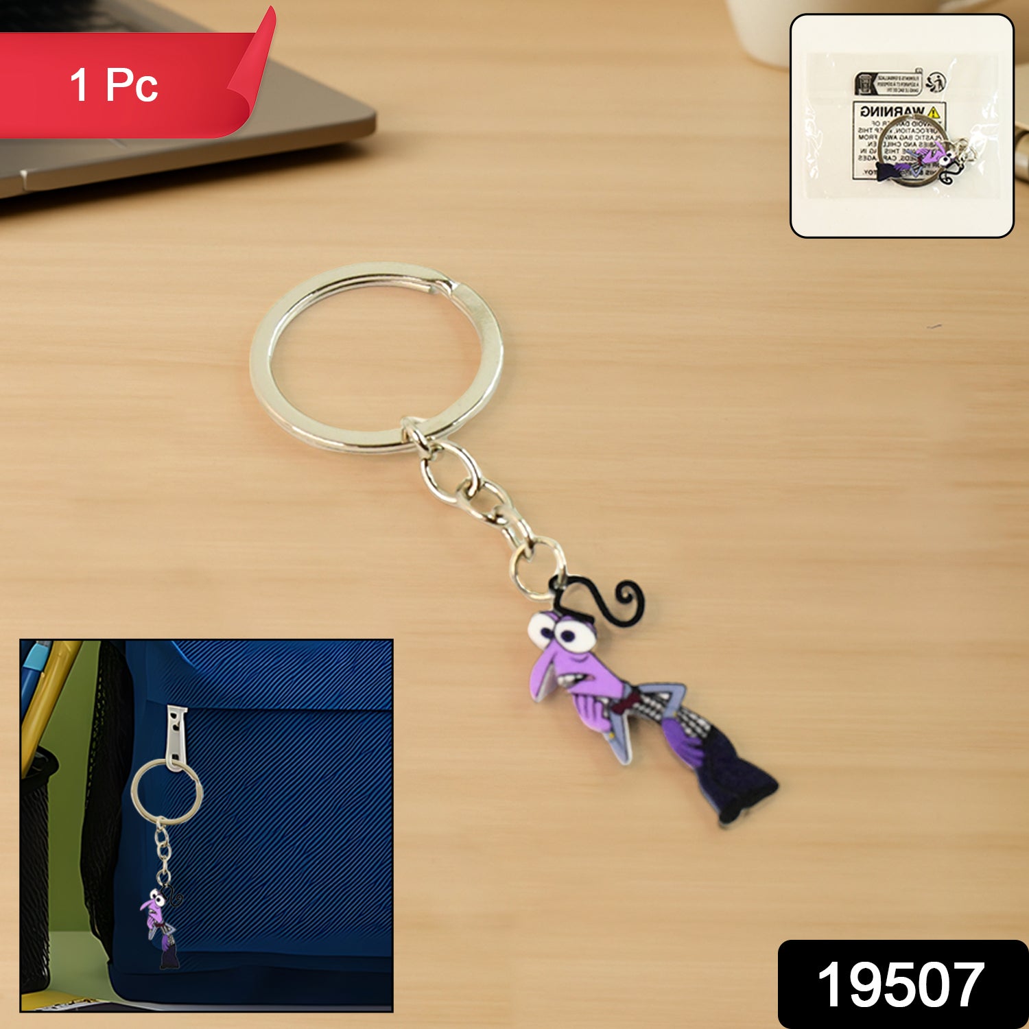 Wukusy cartoon character keychain hanging from a set of home decor items, showcasing vibrant colors and playful design.