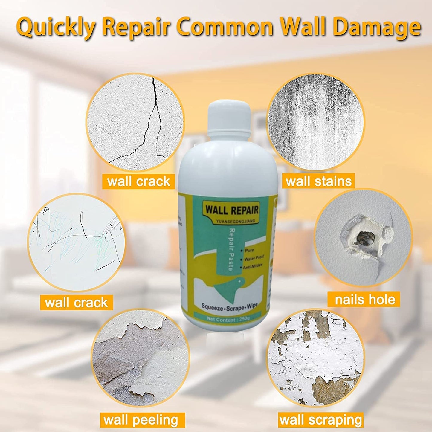 Wukusy wall crack repair cream set with scraper, showing a tub of repair cream and a metal scraper for wall crack fixing.