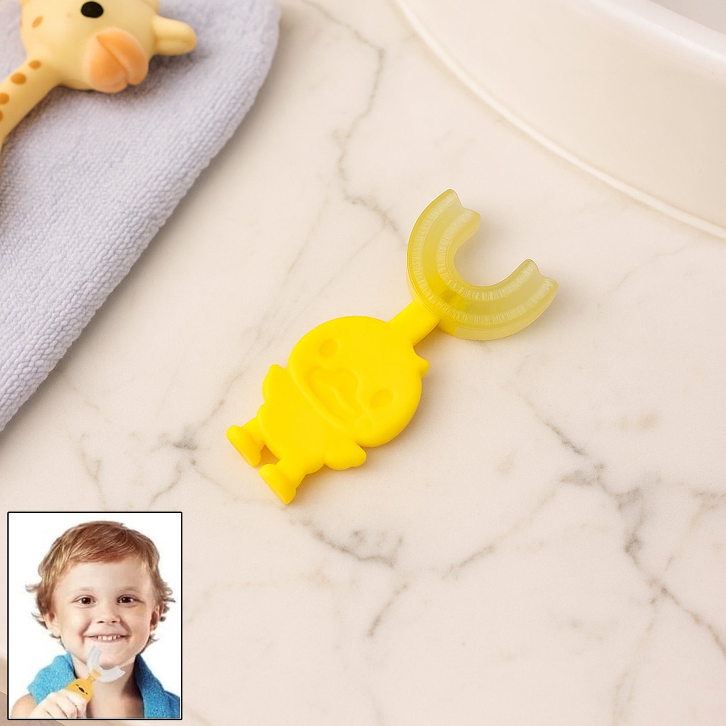 Cute cartoon duck U-shape baby toothbrush in mixed colors, designed for gentle oral care for infants and toddlers.