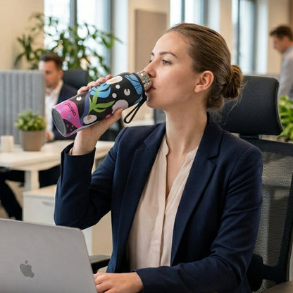 Wukusy Pexpo stainless steel printed water bottle, 800ml capacity, with colorful design and screw-on lid, on a white background.