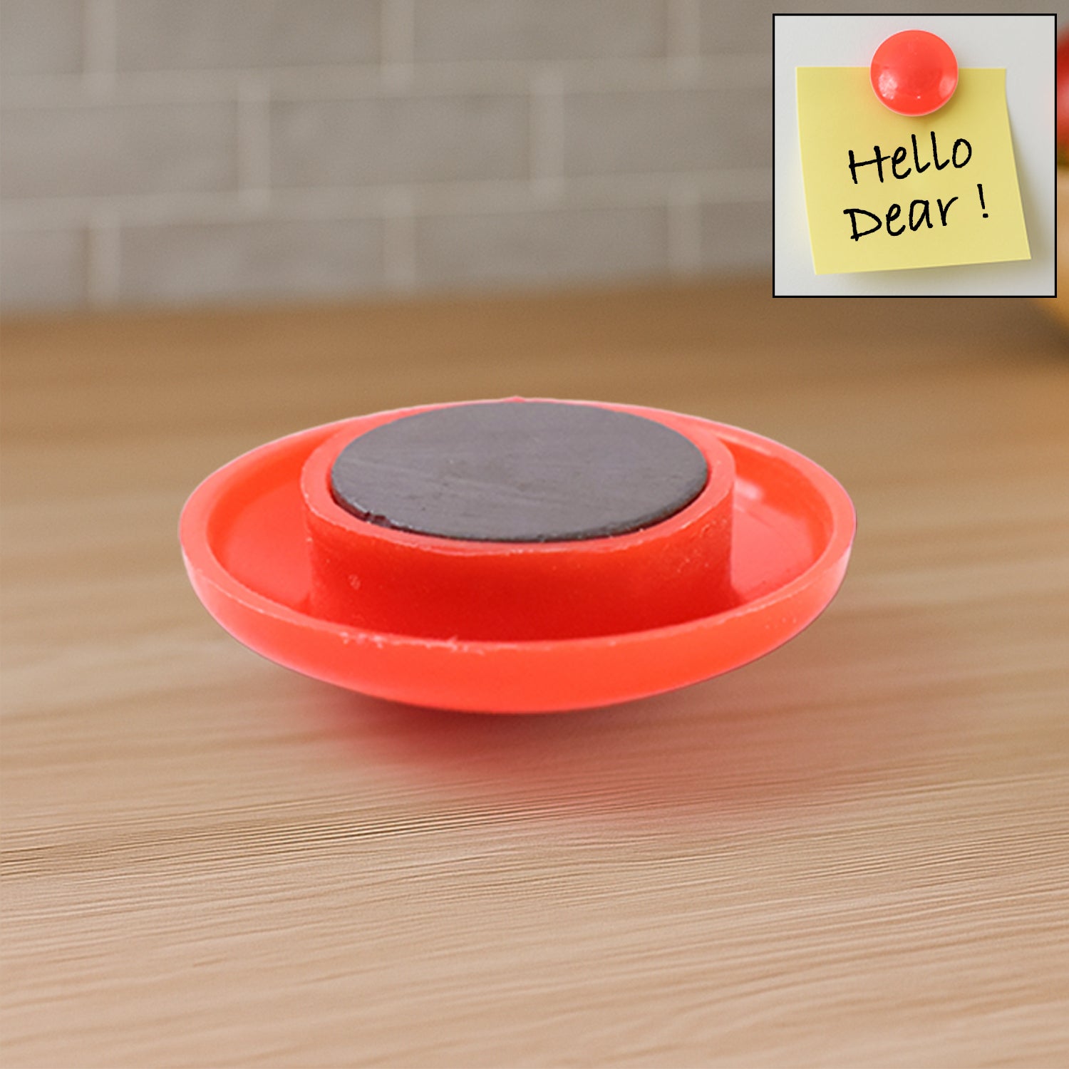 Red circular plastic magnets with Wukusy branding, featuring a smooth surface and versatile design, perfect for crafting or organization.
