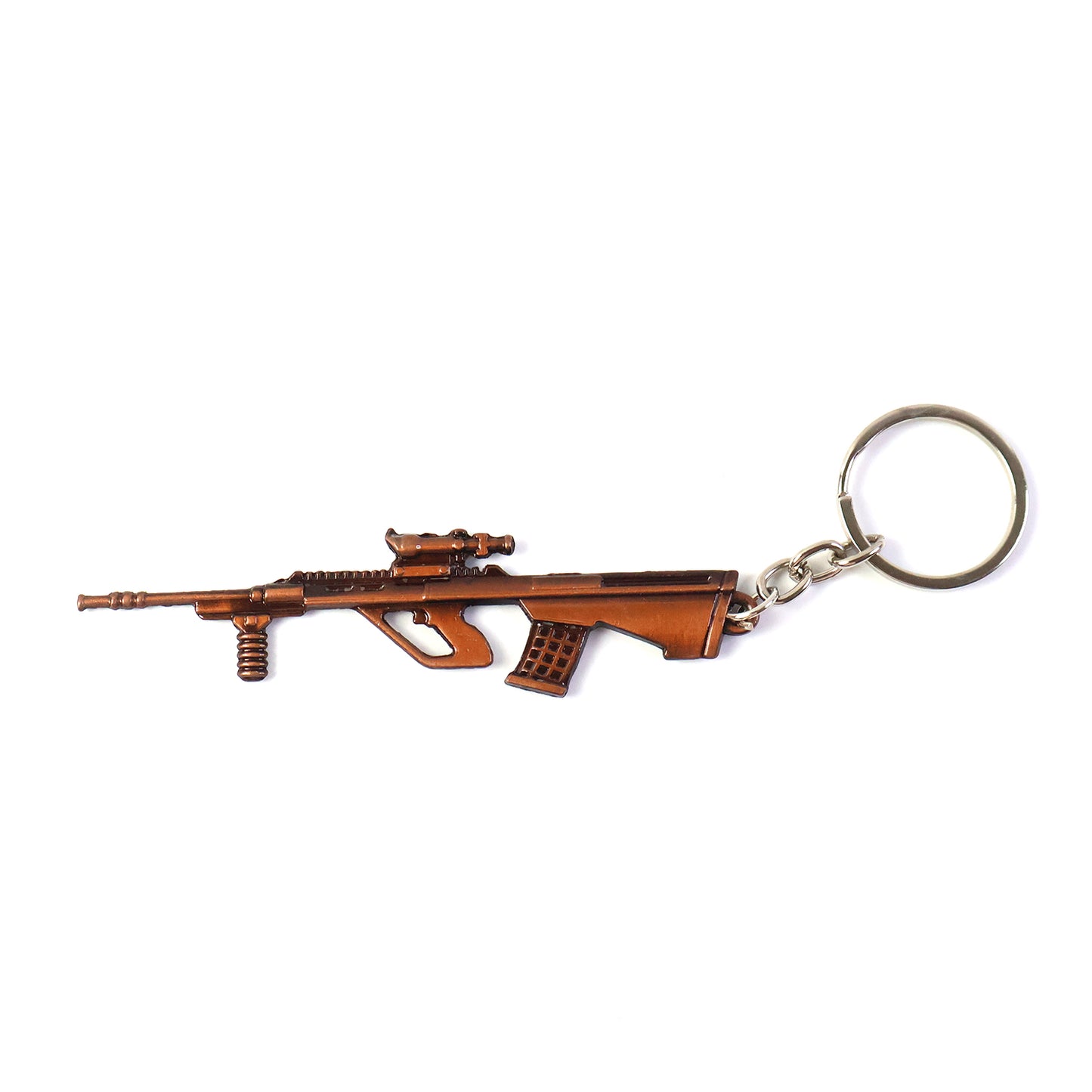 Wukusy metal gun shape keychain with detailed design, attached to a keyring, showcasing a sleek, firearm-inspired accessory.